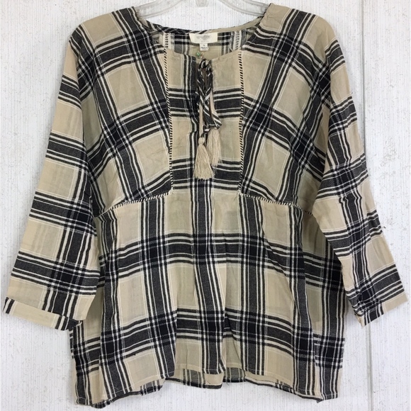 New Umgee Cream Plaid Tassel Peasant Top - Picture 3 of 4